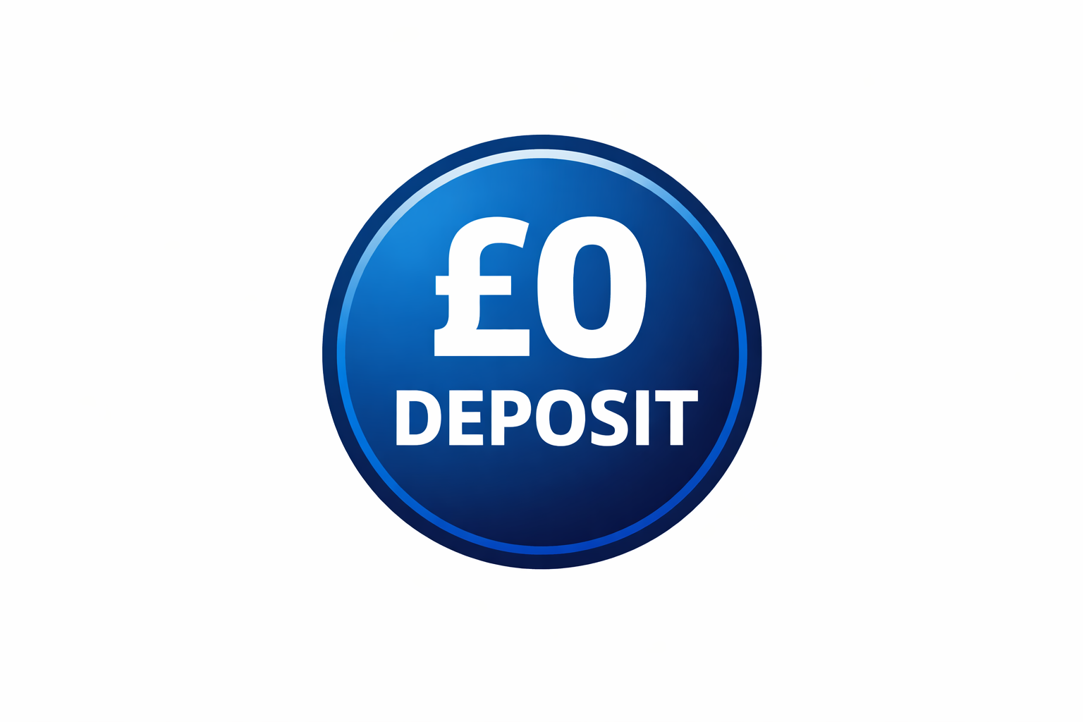 Circular badge with navy blue border and text that reads '25% DEPOSIT' in navy blue