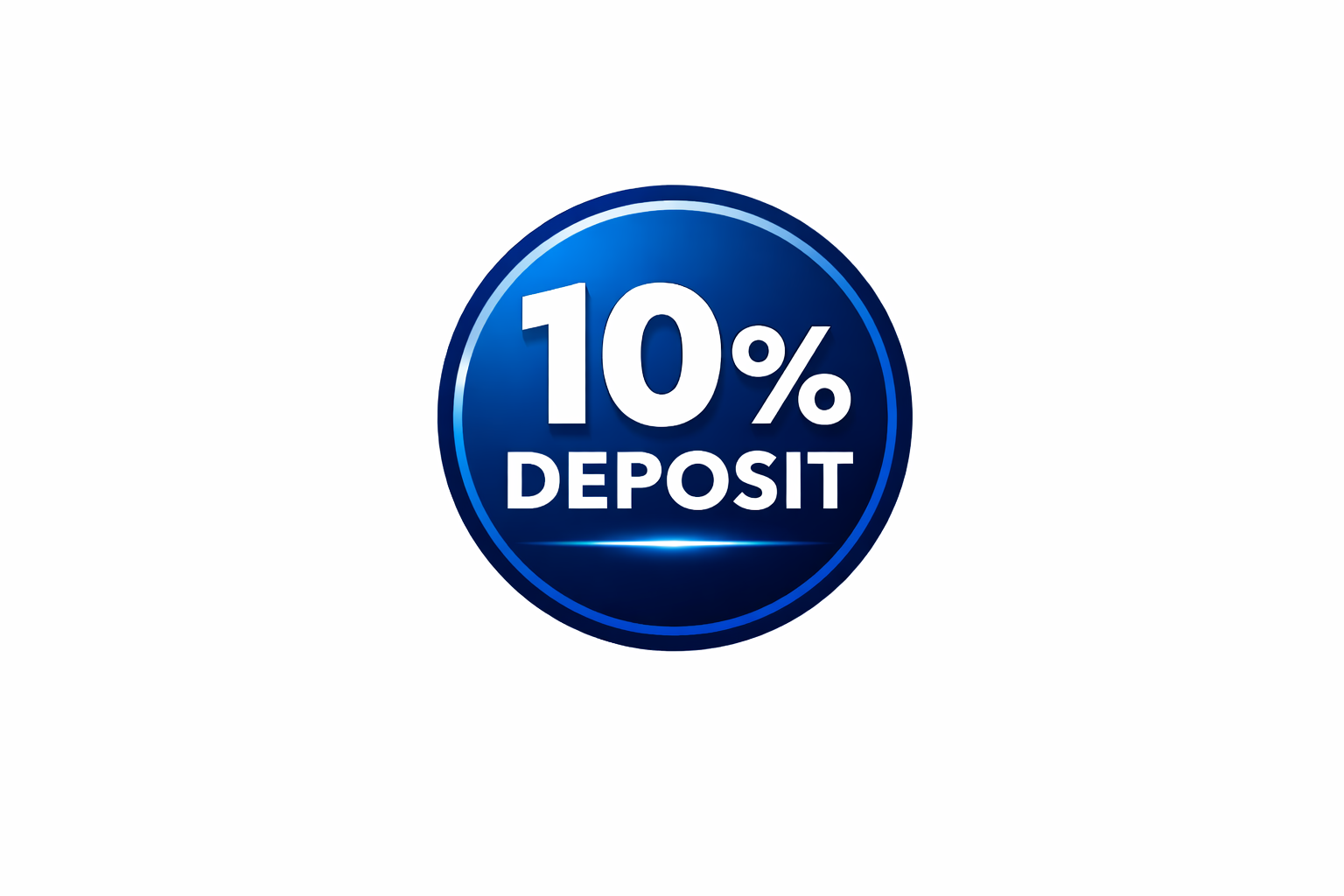 Circular badge with navy blue border and text that reads '25% DEPOSIT' in navy blue