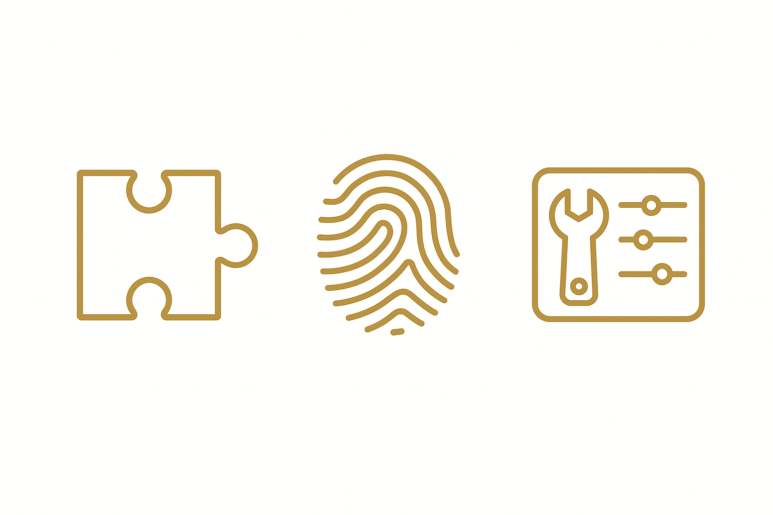 Icons representing puzzle piece, fingerprint, and tools and sliders.