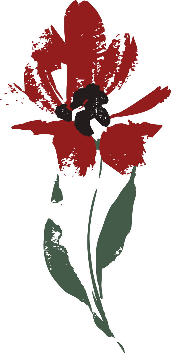 A stylized illustration of a red flower with dark accents and green stem and leaves.