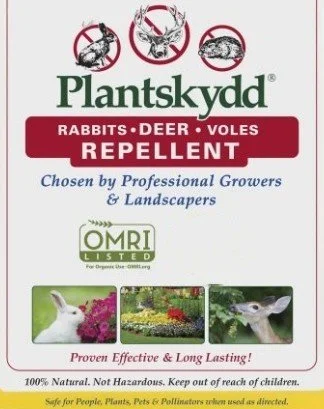 Packaging for Plantskydd rabbit, deer, and vole repellent with images of a rabbit, flowers, and a deer, and text indicating it's chosen by professional growers and landscapers.