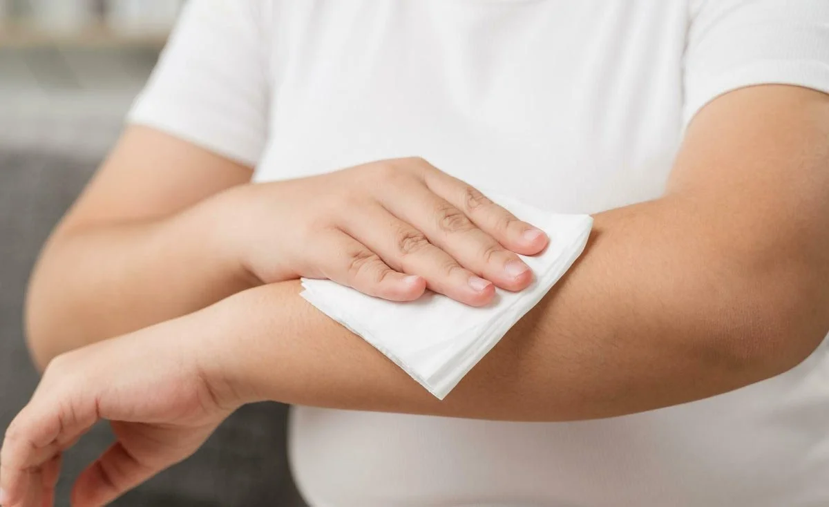 Person using a white cloth to clean or wipe their arm.