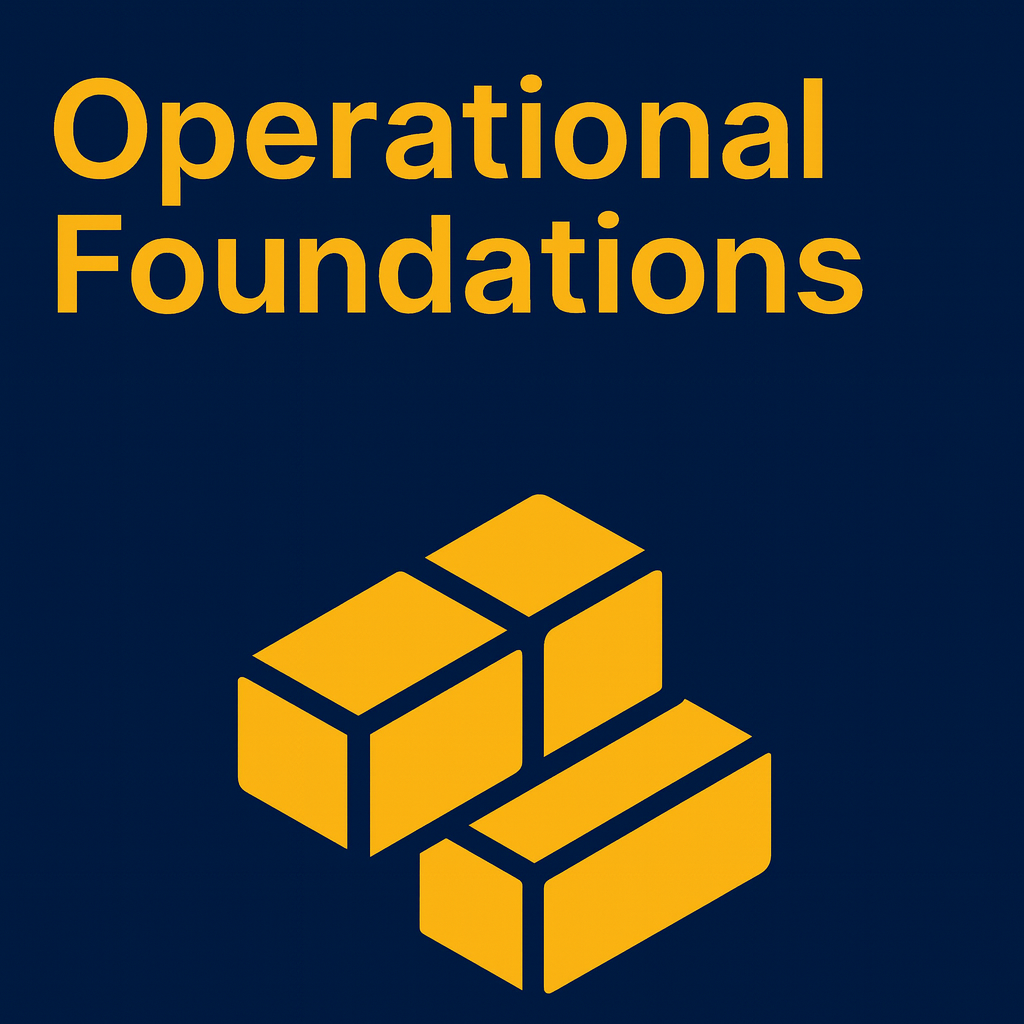 This image shows a dark blue background with the title "Operational Foundations" in large gold text at the top and a geometric design of three interlocking gold bricks below.