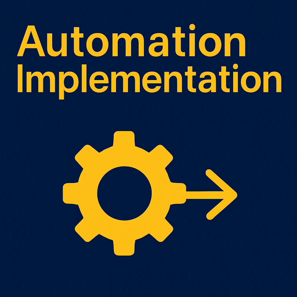 Cover image with yellow text 'Automation Implementation' and a yellow gear icon with an arrow pointing to the right on a dark blue background.