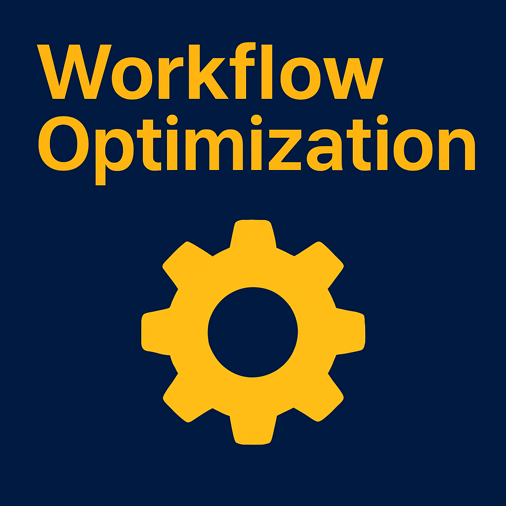 Cover image with dark blue background, large yellow text reading 'Workflow Optimization', and a yellow gear icon below the text.