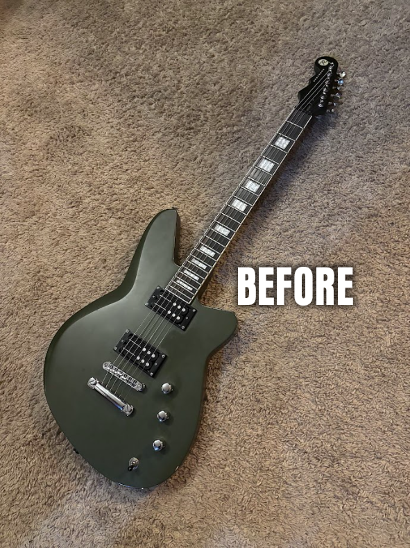 A black electric guitar lying on a brown carpet with the word "BEFORE" written next to it.