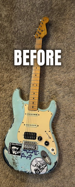 A worn electric guitar with a teal body and a maple neck on a carpeted floor, labeled 'BEFORE', with stickers on the body.