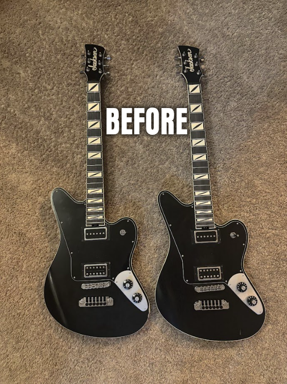 Two black and white toy guitars on a carpeted floor with the word 'BEFORE' in the center.