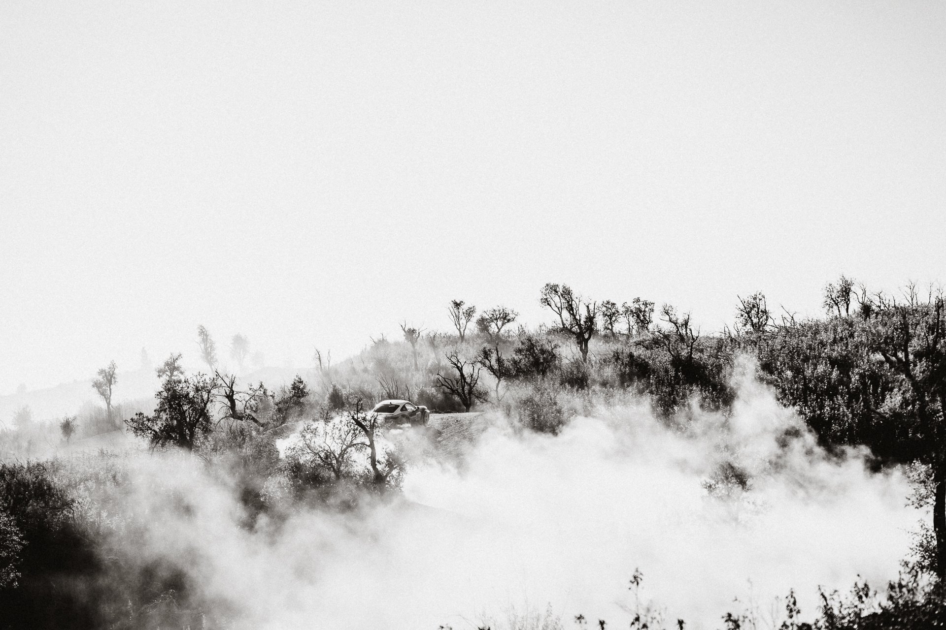 A black and white photograph of a car driving through a dusty, wooded landscape with sparse trees, with a hazy sky in the background.
