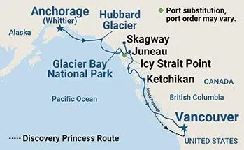 Map of the Alaska to Vancouver cruise route, including locations such as Anchorage, Hubbard Glacier, Skagway, Juneau, Icy Strait Point, Ketchikan, and Vancouver, showing the route through Glacier Bay National Park and the Pacific Ocean.