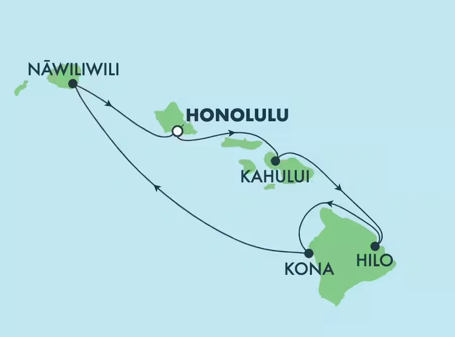 Map of Hawaii showing flight routes between Nāʻwiliwili, Honolulu, Kahului, Kona, and Hilo.