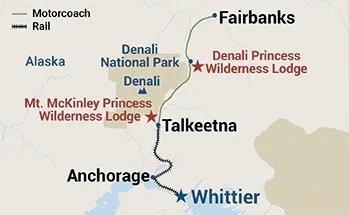 Map of part of Alaska showing routes from Anchorage to Fairbanks, with stops at Denali National Park, Denali Princess Wilderness Lodge, Mt. McKinley Princess Wilderness Lodge, Talkeetna, and Whittier.