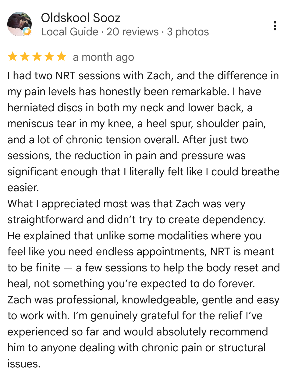 Screenshot of a Google review for Oldskool Sooz, a local guide, praising the effectiveness of NRT sessions with Zach for reducing chronic pain and describing the professionalism and helpfulness of Zach.