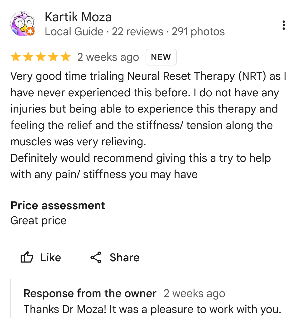 Screenshot of a Facebook review for a neural reset therapy session, with five stars and positive comments about the relief and benefits experienced.
