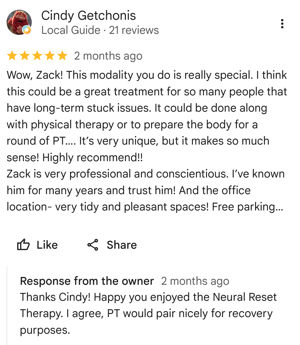 Customer review for a health or wellness practitioner, praising Zack for his professionalism and the effectiveness of a modality for long-term issues. Includes a positive star rating and a response from the owner.