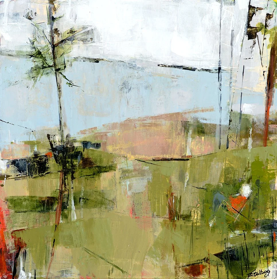 Abstract painting of trees and a person sitting outdoors in a park.