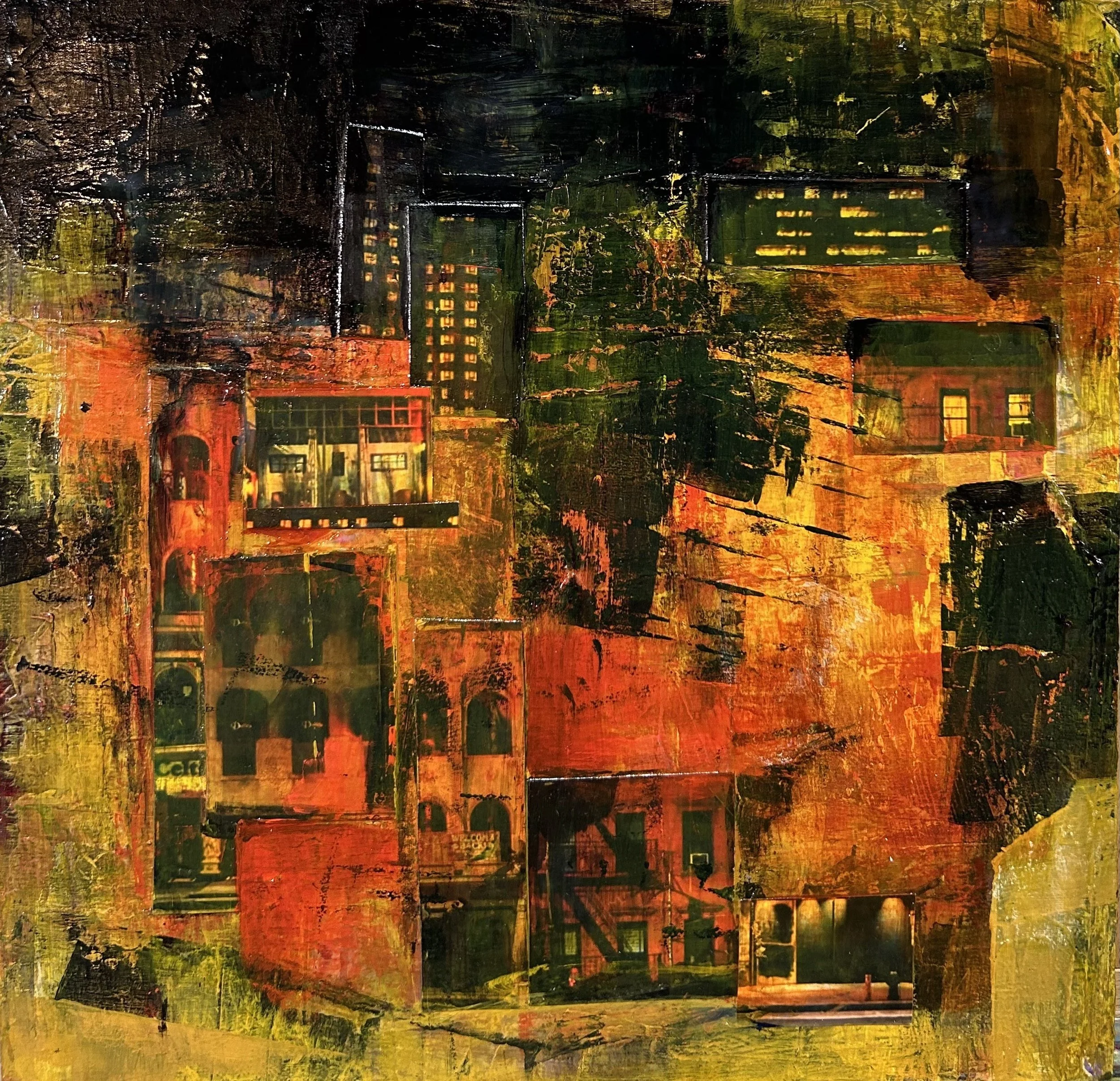 Uptown | Acrylic and collage on wood | 12"x12" | SOLD