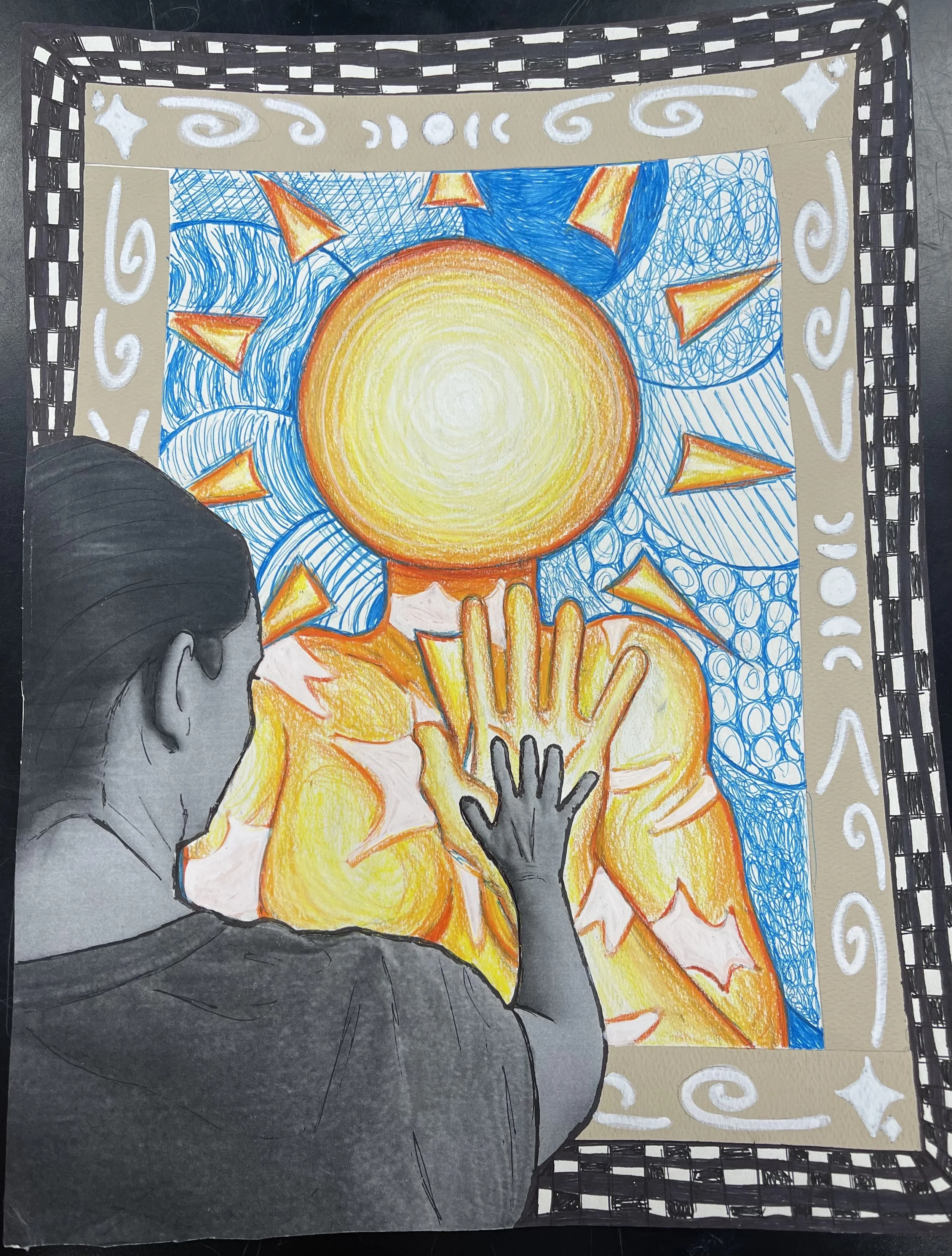 Medium: Printed paper, pens, color pencil, and paint pens on paper