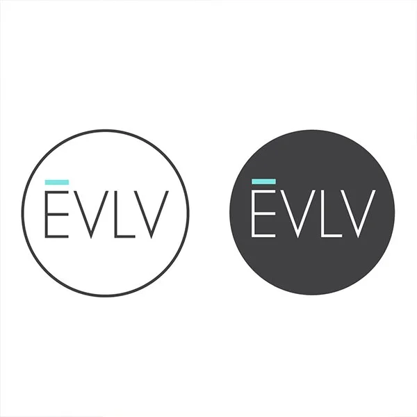 Two circular logos, one with black outline and white background, the other with black background, both displaying the letters 'E V L V' with a small blue accent above the first letter.