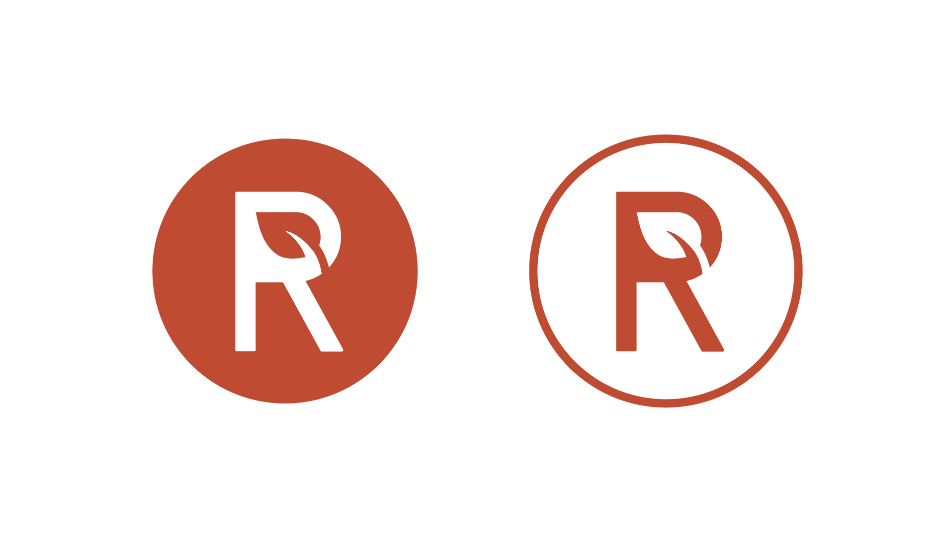 Two logo designs featuring a white letter R with a leaf integrated into the letter, one inside a solid red circle and the other inside a red-outlined circle.
