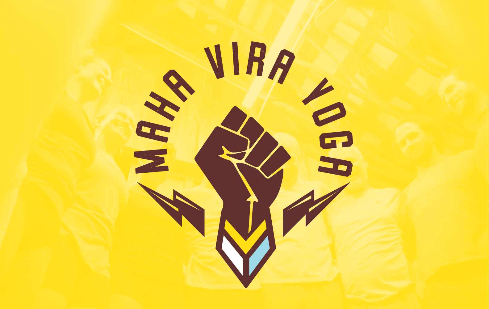 A graphic of a raised fist in the center with the words "Make a Viral Yoggac" curved around it, lightning bolt designs, and a bright yellow background with faded images of people cheering.