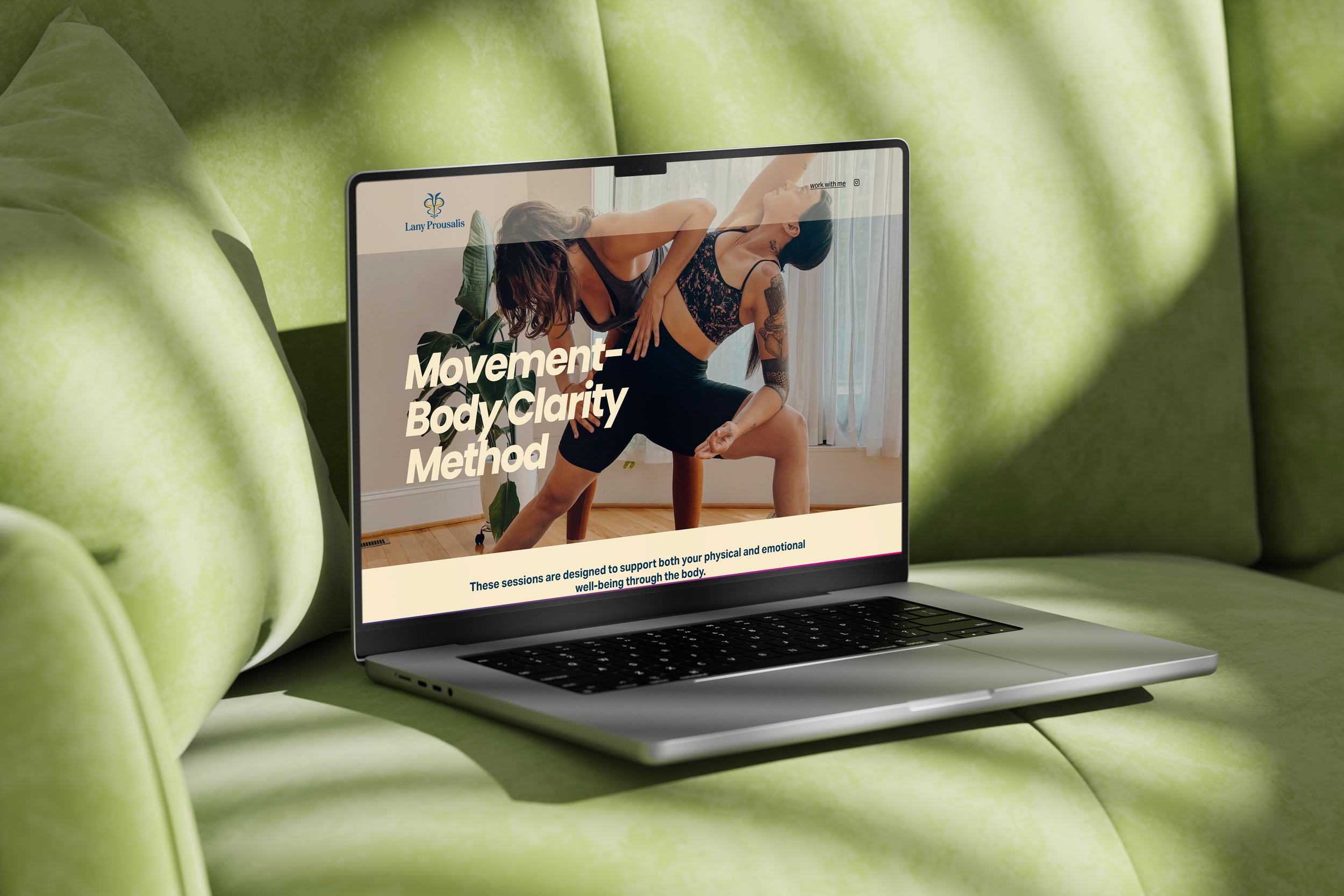 Laptop screen displaying a yoga pose with the text 'Movement-Body Clarity Method' against a background of green apples.