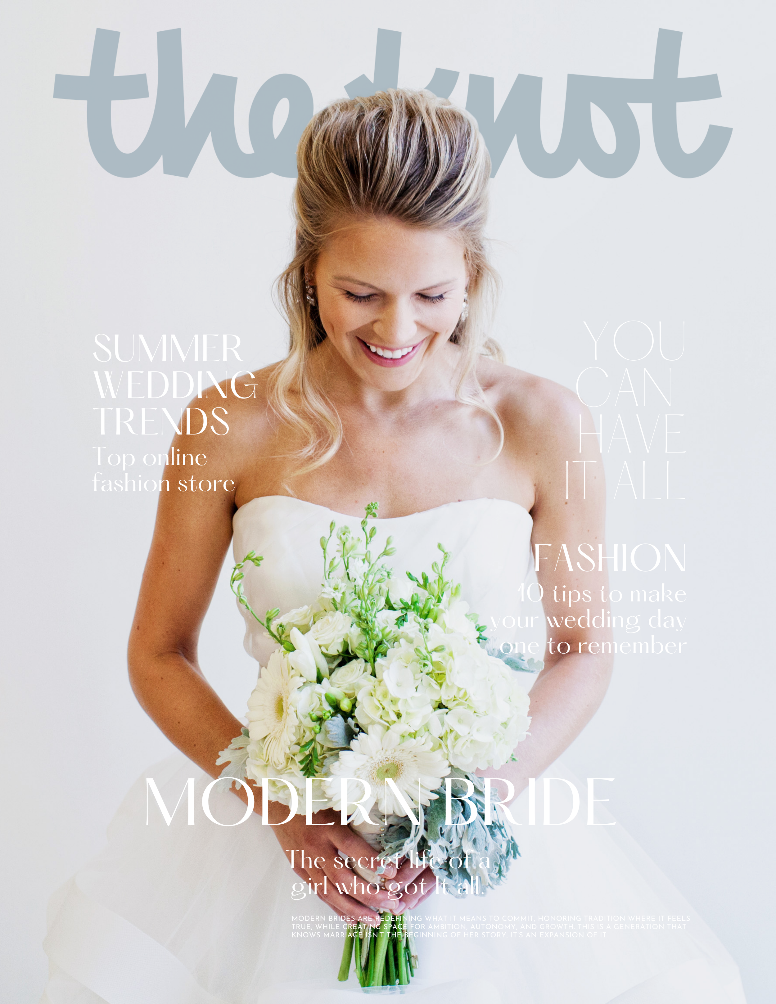 A smiling bride holding a bouquet of white flowers, wearing a strapless wedding dress, with text overlay about modern wedding trends and tips.
