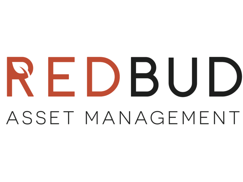 RedBud Asset Management logo with the company name in black and red text, with a leaf graphic integrated into the 'R' in red.