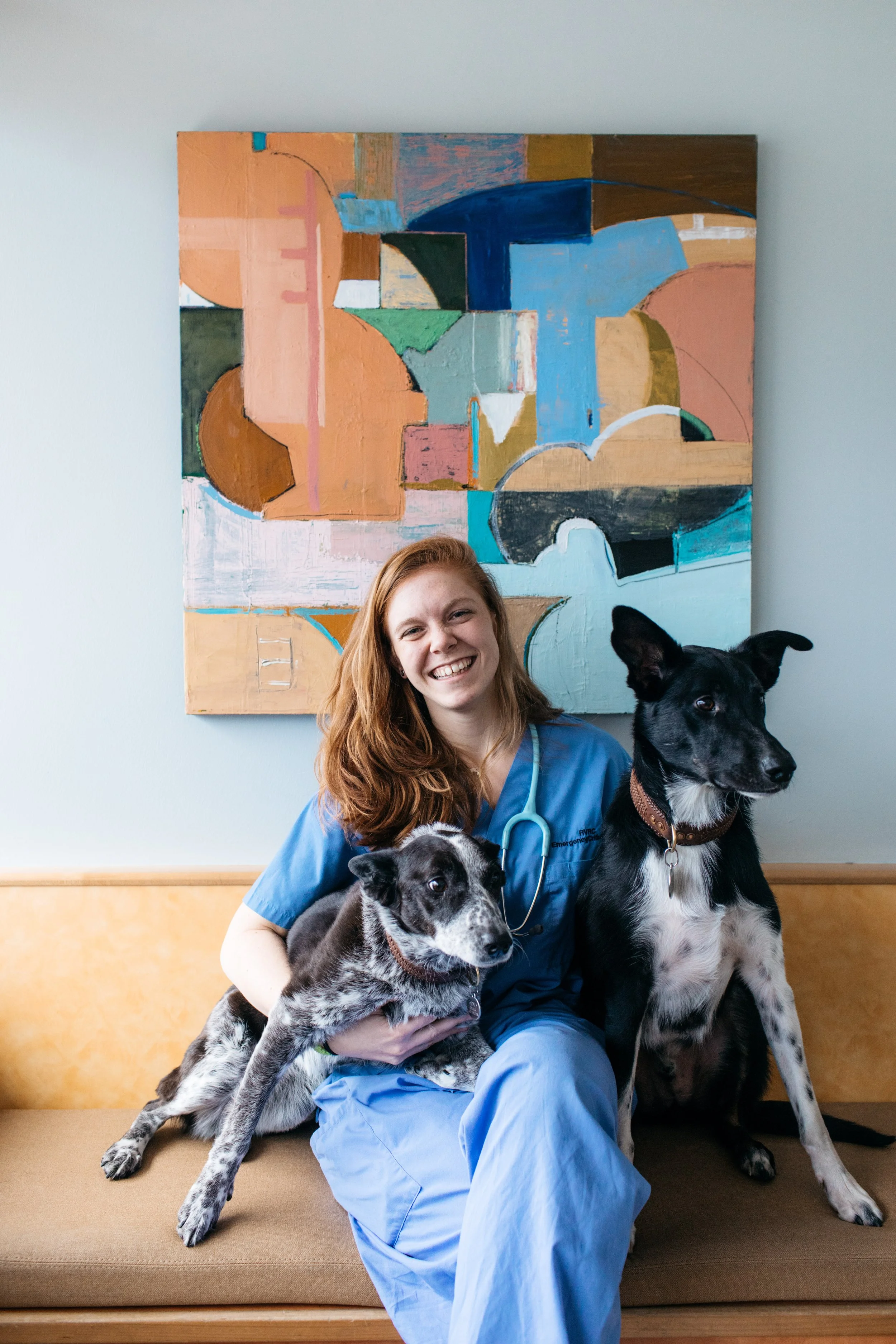 A young woman in blue scrubs with a stethoscope around her neck, smiling and sitting on a bench. She is holding two dogs: one black and white and the other grey with black spots. The background features a colorful abstract painting on a light-colored