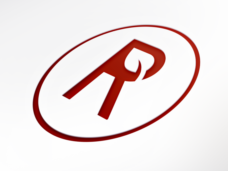 Red shield-shaped icon with a white hammer and pickaxe crossed inside, surrounded by a red oval outline.