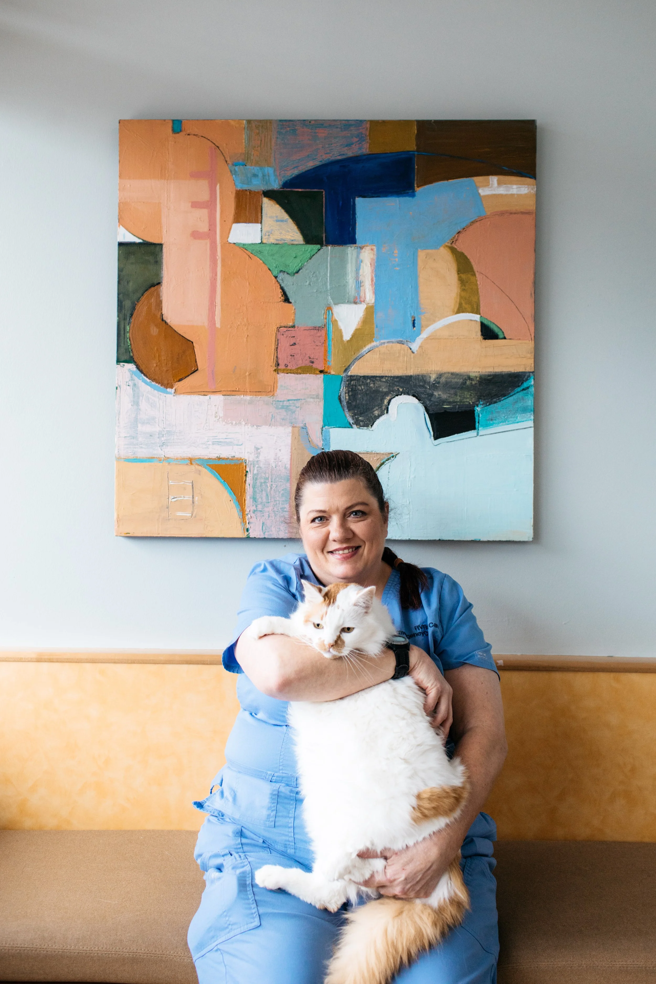 A smiling woman in blue scrubs holding a large white and orange cat in a veterinary or medical office with a colorful abstract painting on the wall behind her.