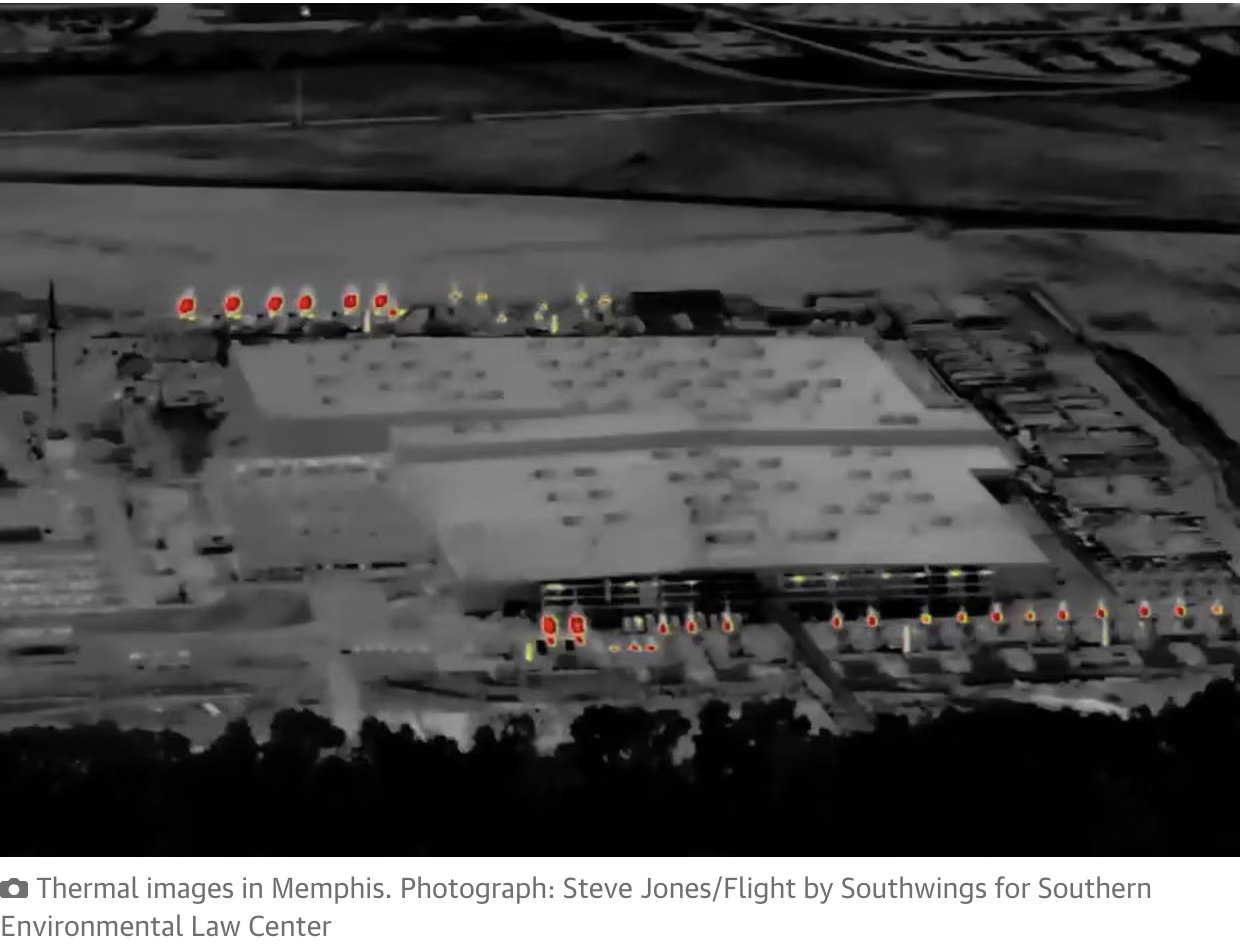 Thermal image of large white warehouse with several red neon lights signifying burning gas turbines