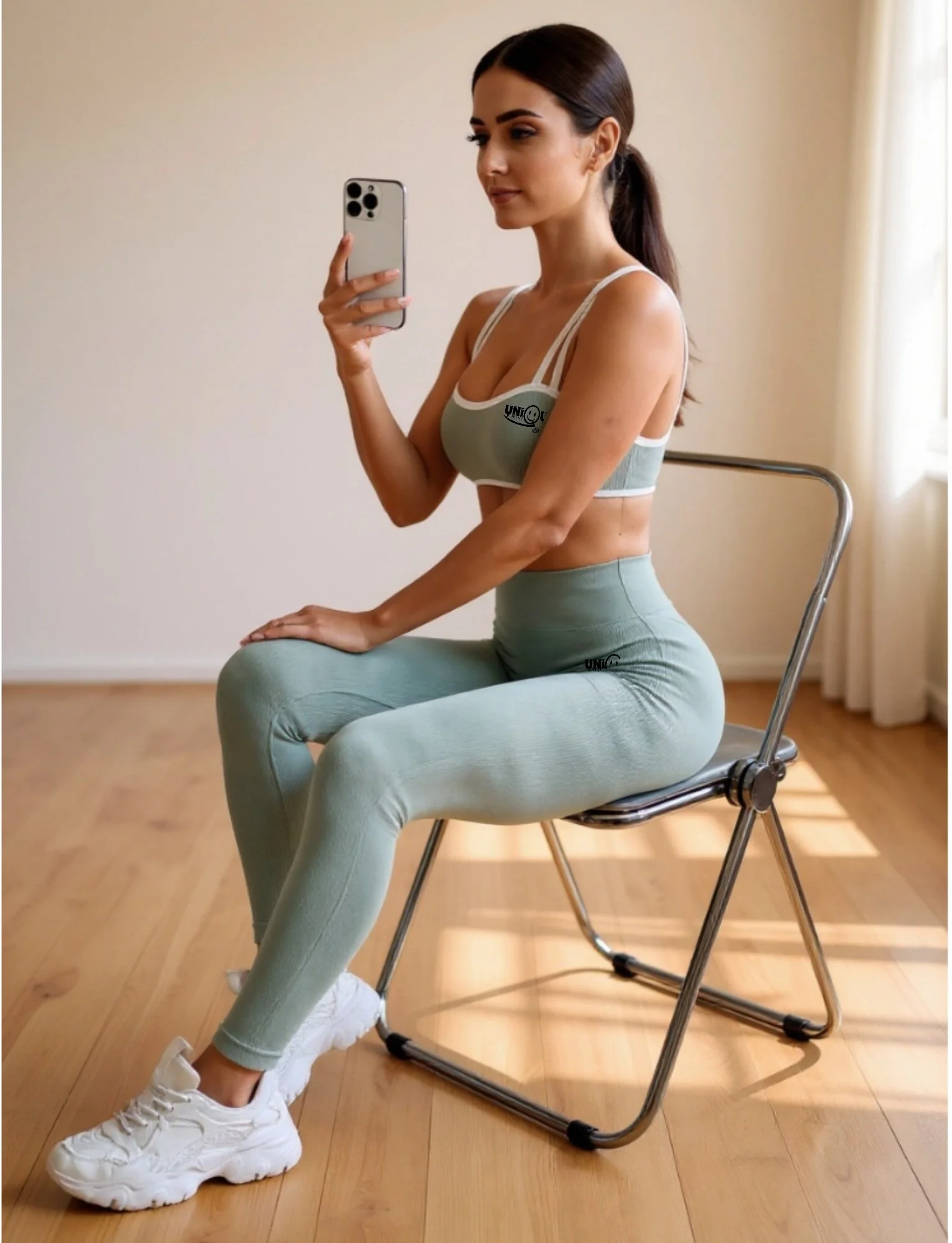 A woman sitting on a metal chair, wearing a matching sports bra and leggings, white sneakers, taking a mirror selfie with her smartphone in a well-lit room with wooden floors and curtains.
