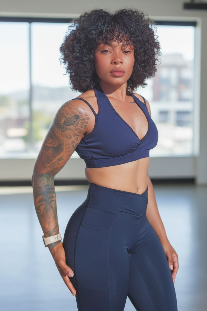 A young woman with curly black hair and tattoos on her left arm, wearing a navy blue sports bra and high-waisted leggings, standing indoors with large windows in the background.