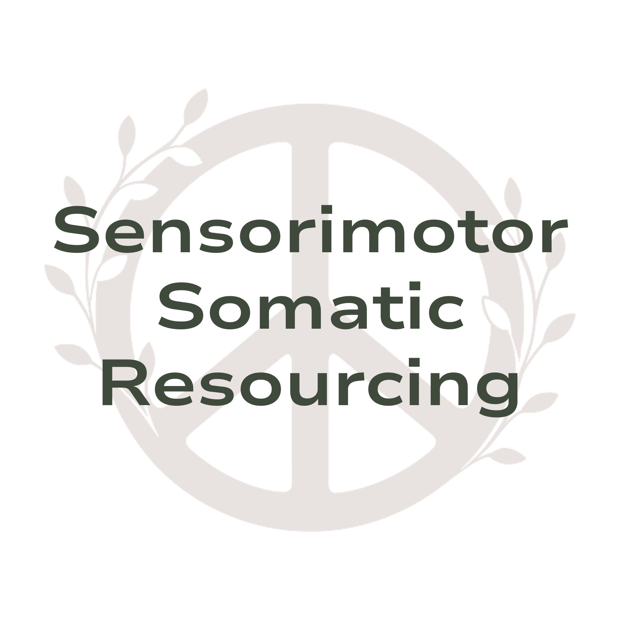 Text overlay stating 'Sensorimotor Somatic Ressourcing' over a background with a peace symbol and leafy branches.