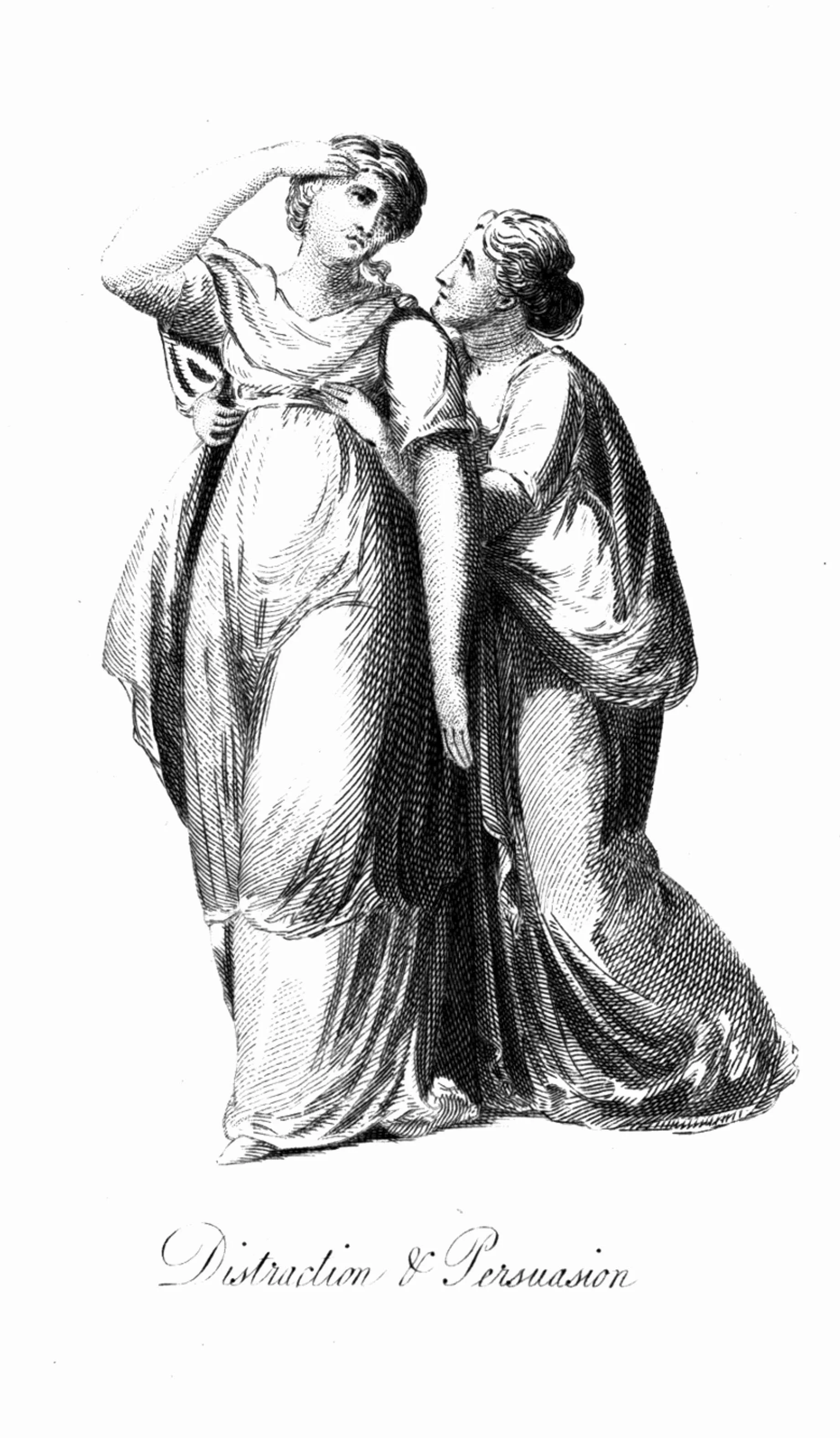 An illustration of two women, one appears to be convincing or persuading the other, with the title "Distraction & Persuasion".