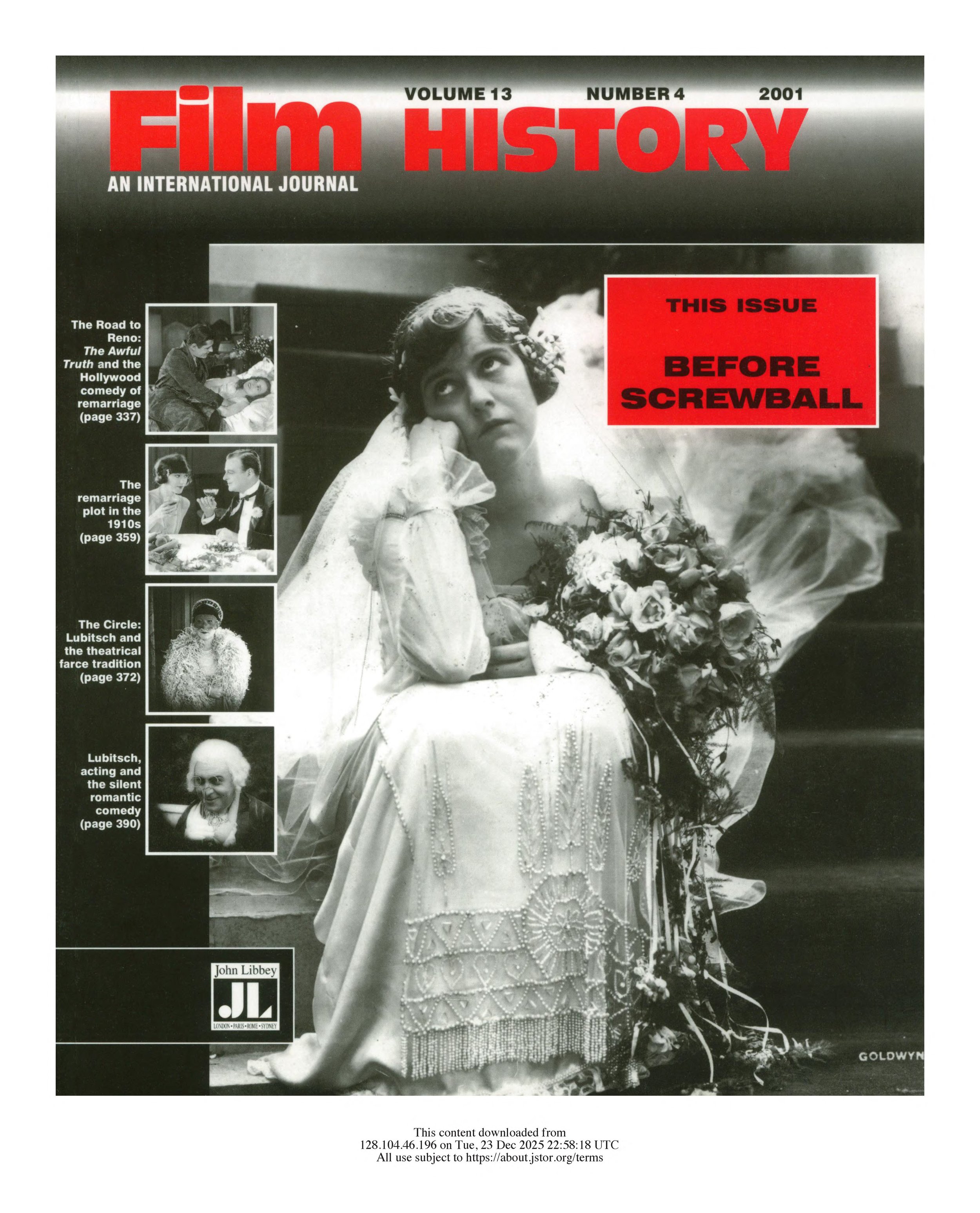 The cover of a magazine titled 'Film History' with a black and white image of a woman in a wedding dress holding a bouquet, sitting with her head resting on her hand. The magazine features articles about Hollywood movies, with red text box on the right saying 'This Issue Before Screwball.'