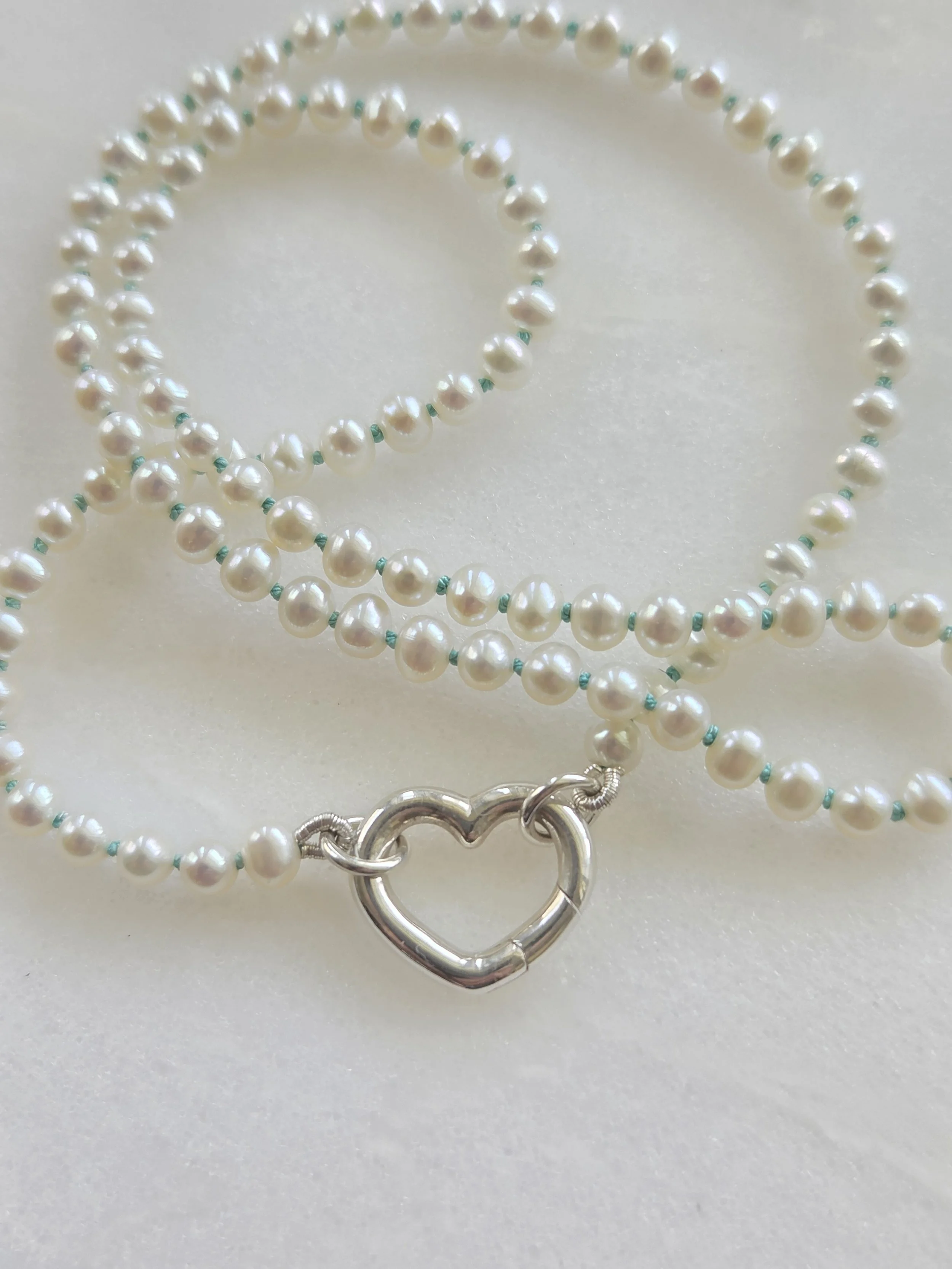 Freshwater Pearl Knotted Necklace with Sterling Silver Heart Carabiner