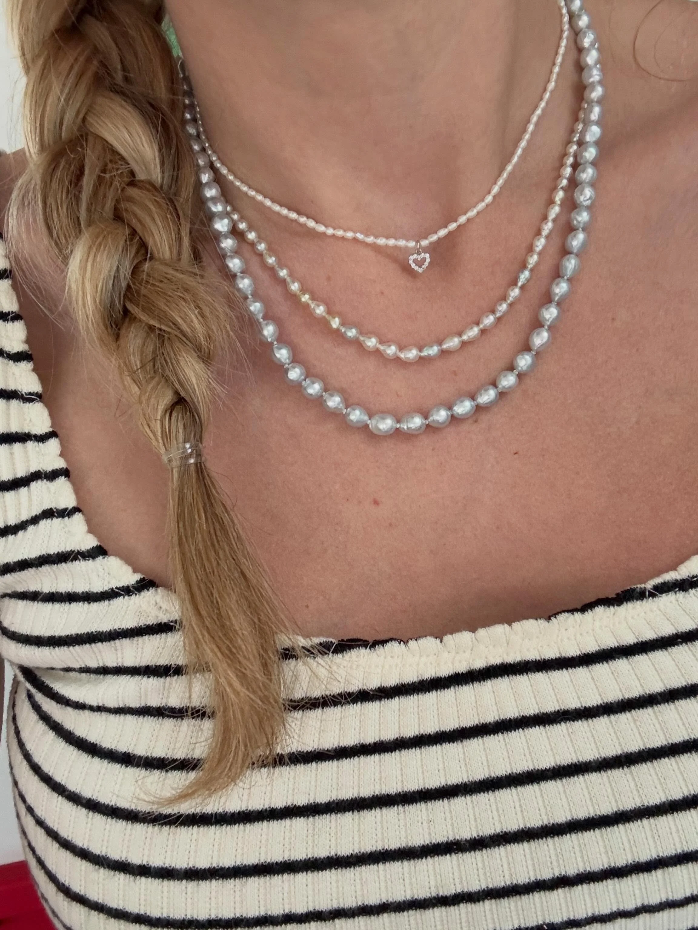 Today I&rsquo;m wearing natural color saltwater akoya pearls and a baroque freshwater pearl choker with white gold &amp; diamond heart pendant. I love genuine natural color pearls in all shapes, sizes, and colors. Layer them together, with a strand o