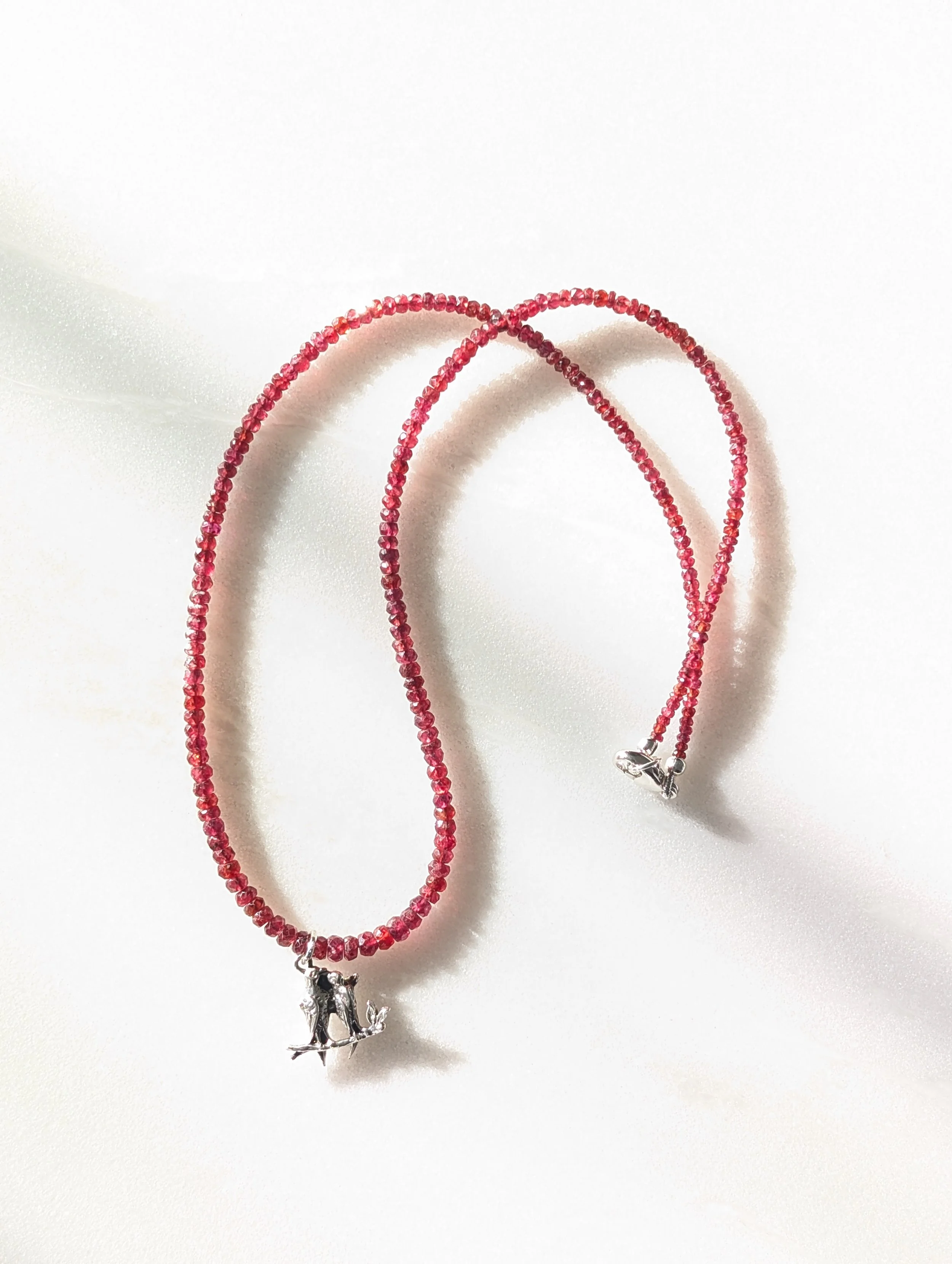 Red Spinel Necklace with Vintage Sterling Silver Lovebirds Pendant