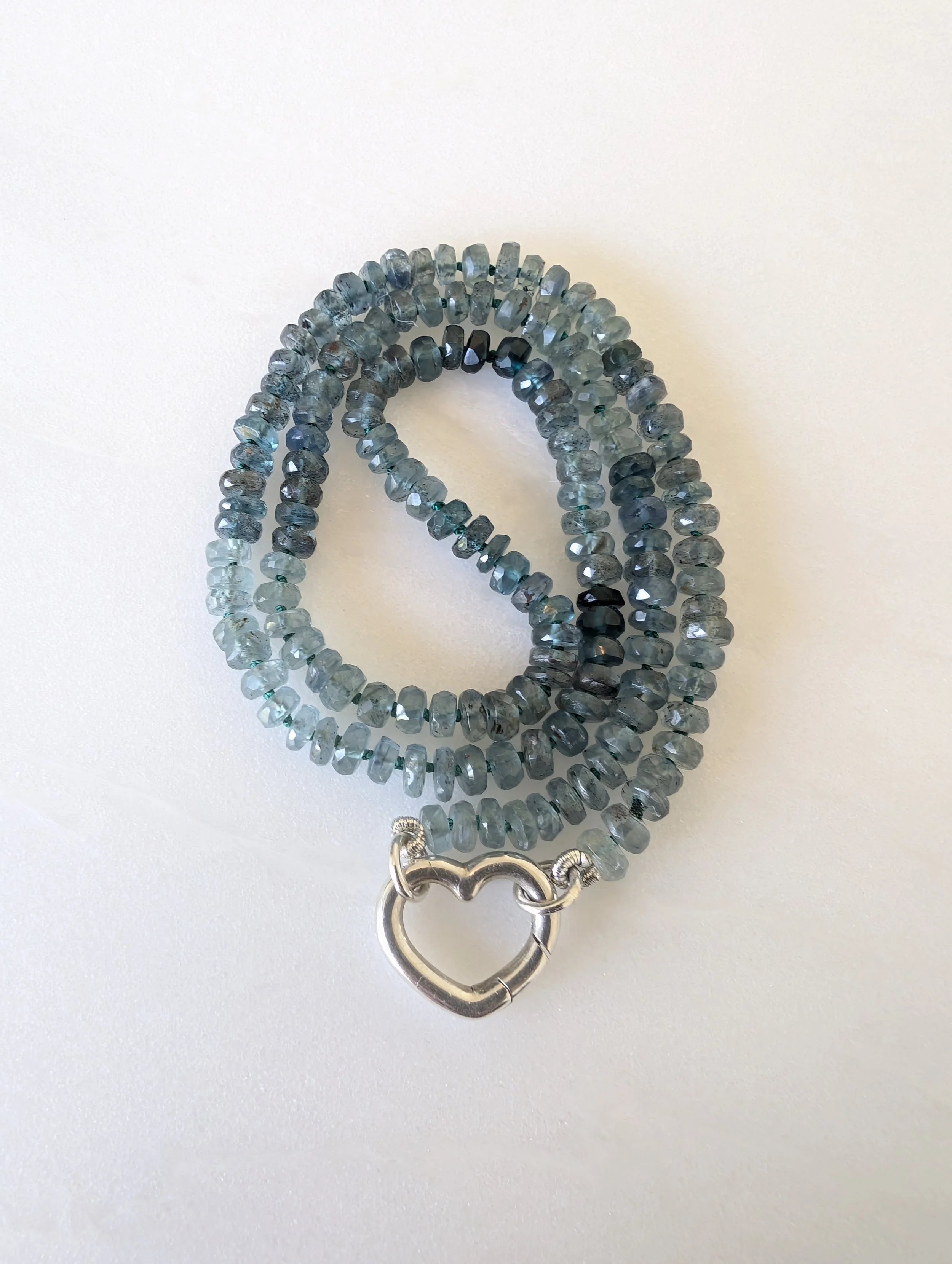 Grandidierite Knotted Necklace with Sterling Silver Heart Carabiner