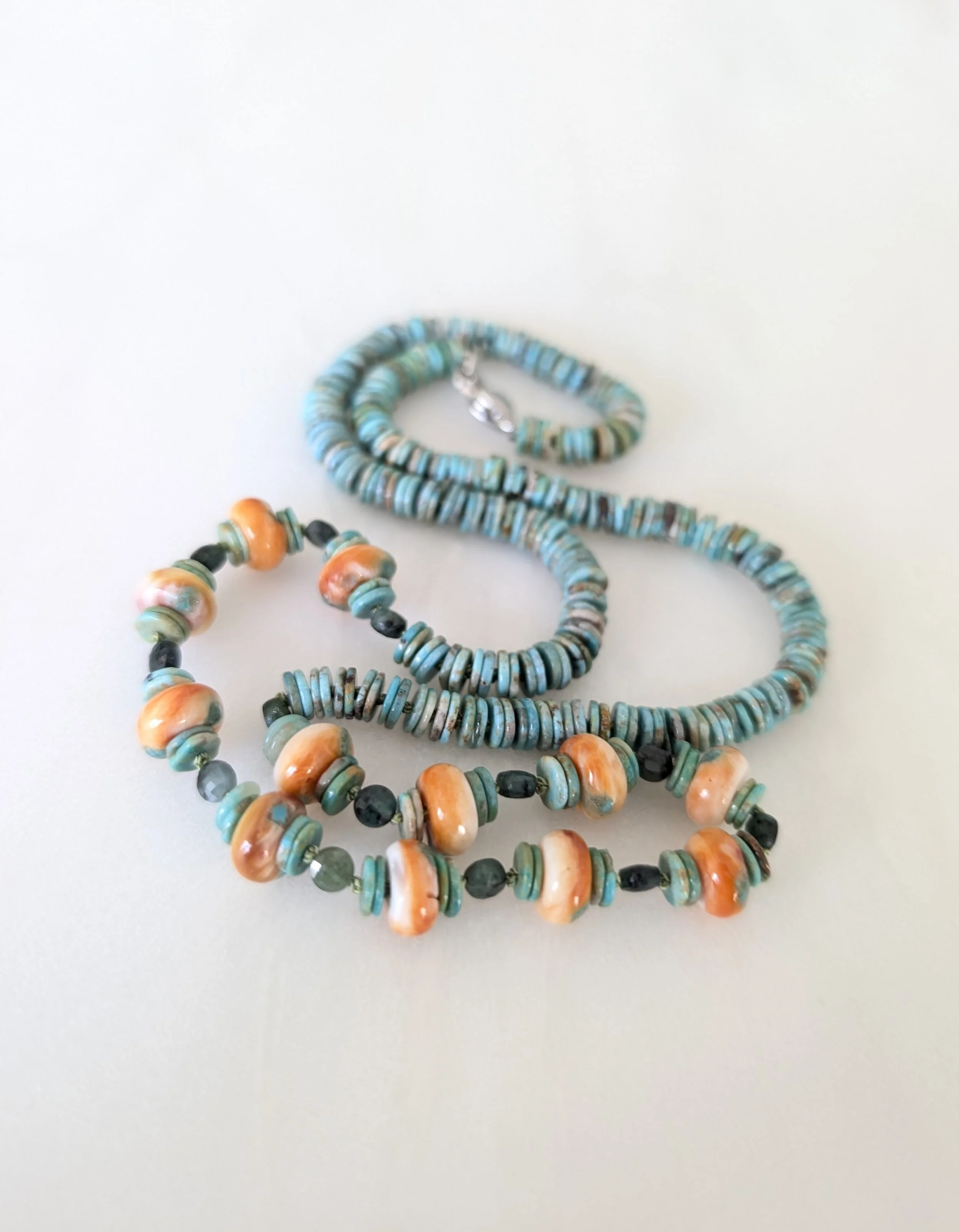 Spiny Oyster, Turquoise, and Emerald Knotted Necklace