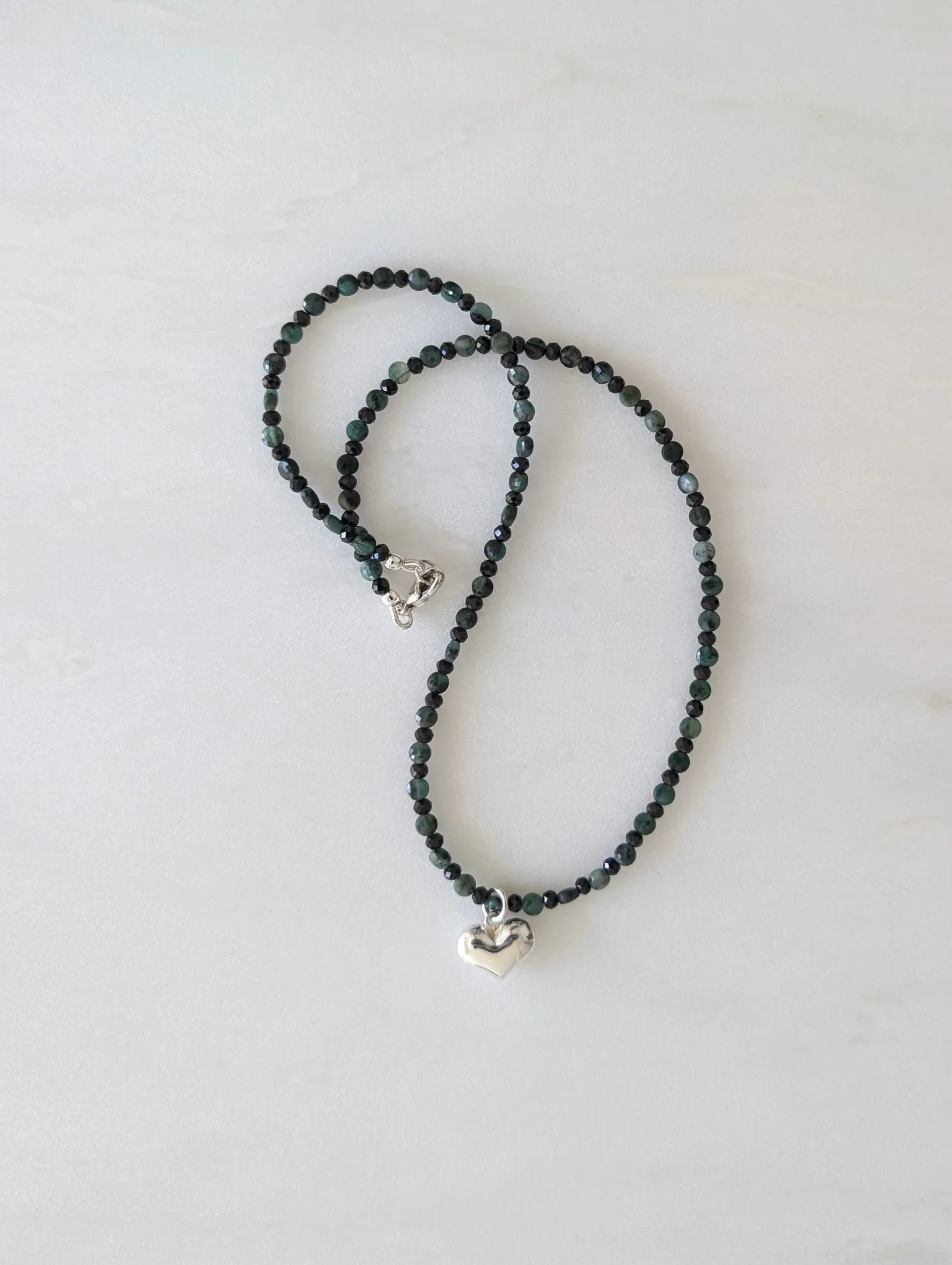 Emerald and Spinel Necklace with Sterling Silver Heart Pendant