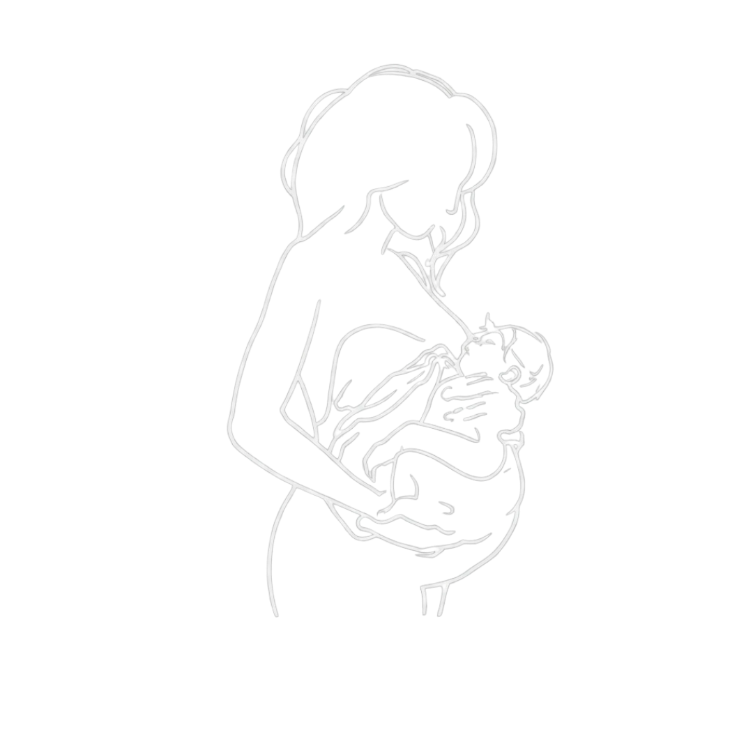 Line art drawing of a woman breastfeeding a baby against a black background.