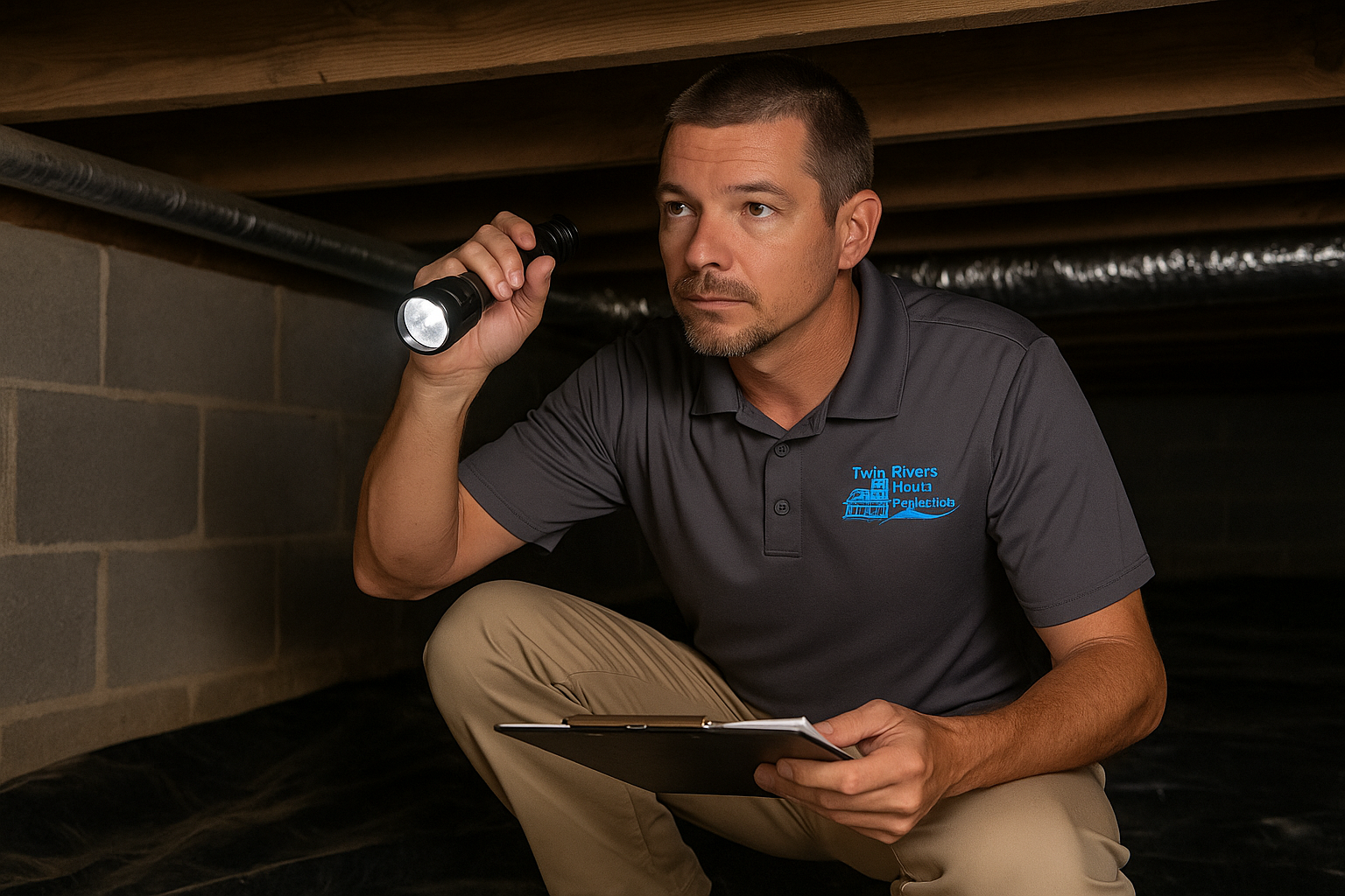 A man in a gray uniform shirt with a logo reading 'Twin Rivers Houts Perlections' holds a flashlight and a clipboard, inspecting under a building.
