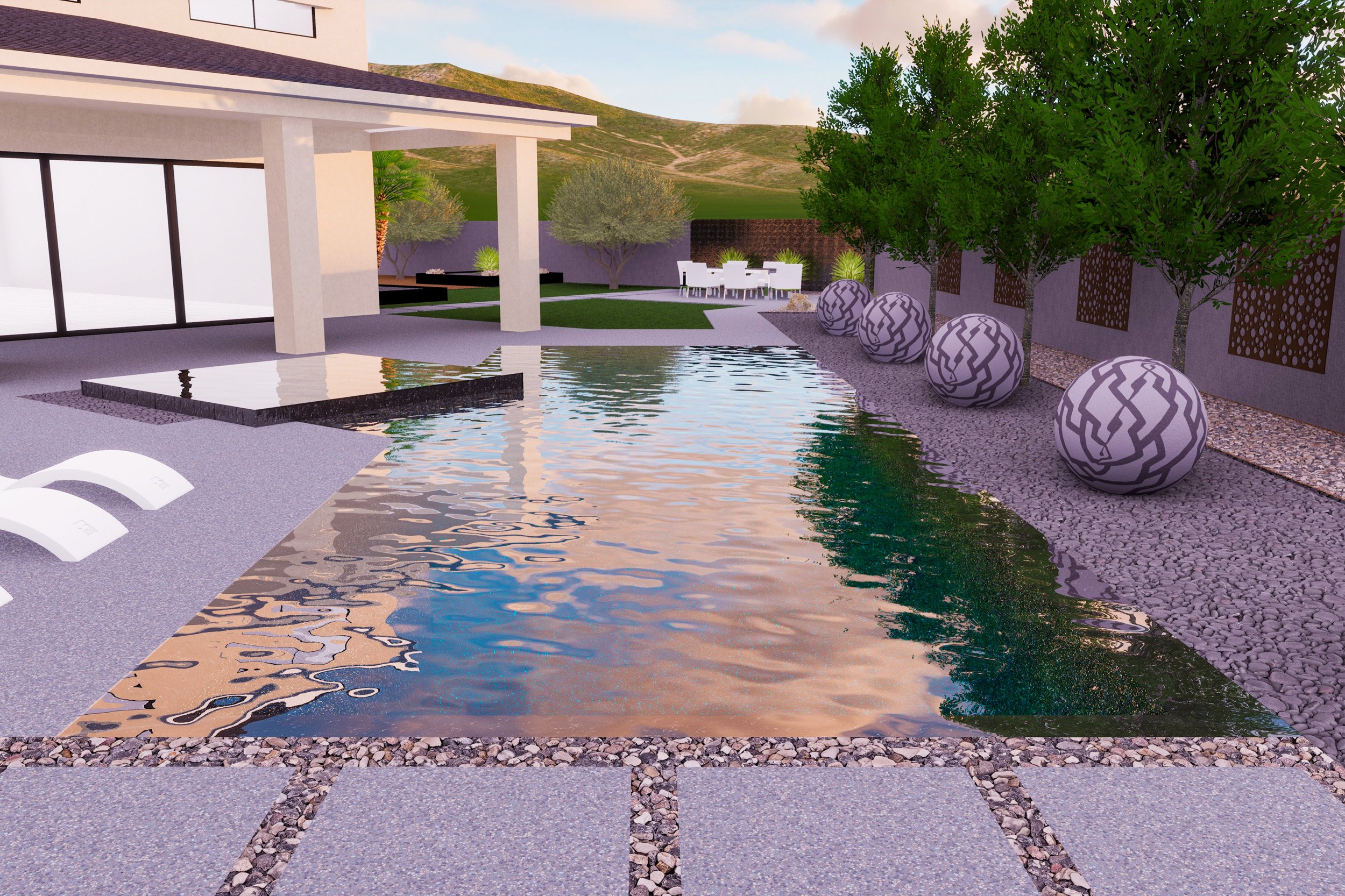 Modern backyard with a narrow swimming pool, lounge chairs, trees, a patio with a dining area, decorative spherical planters, and a house with large glass doors.