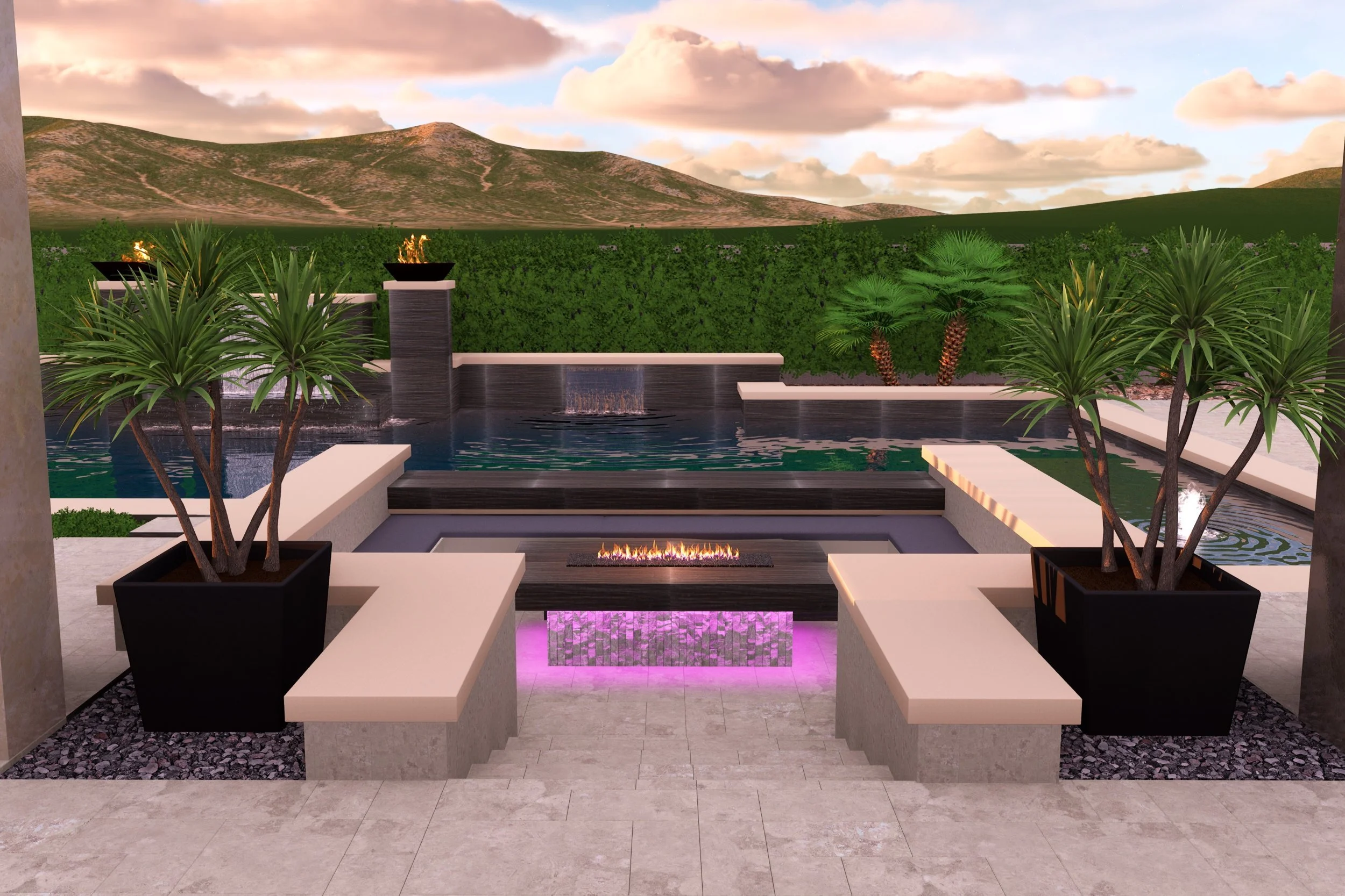 A modern outdoor patio with a rectangular fire feature with purple LED lighting, outdoor seating, potted trees, a water feature with waterfalls, and a scenic mountain view in the background.