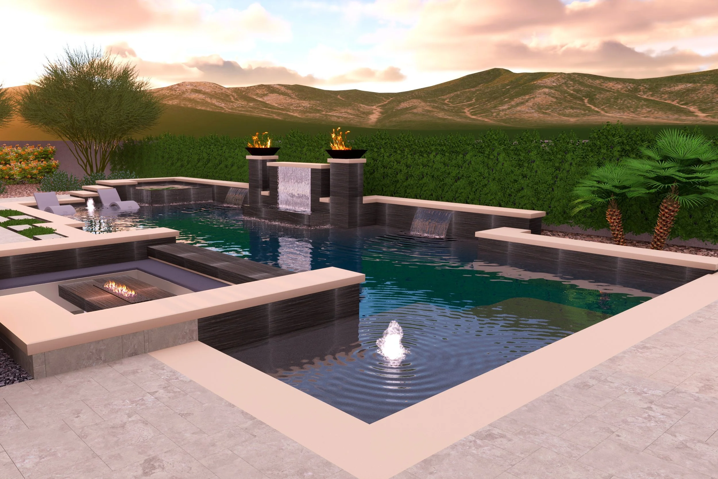A modern backyard with a rectangular swimming pool, waterfall feature, fire pits, lush landscaping including palm trees, and scenic mountains in the background at sunset.