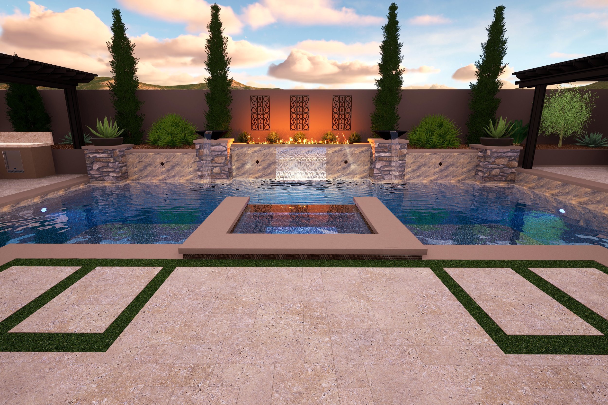 A modern backyard pool area with a water fountain feature, surrounded by desert plants and tall trees, during sunset.