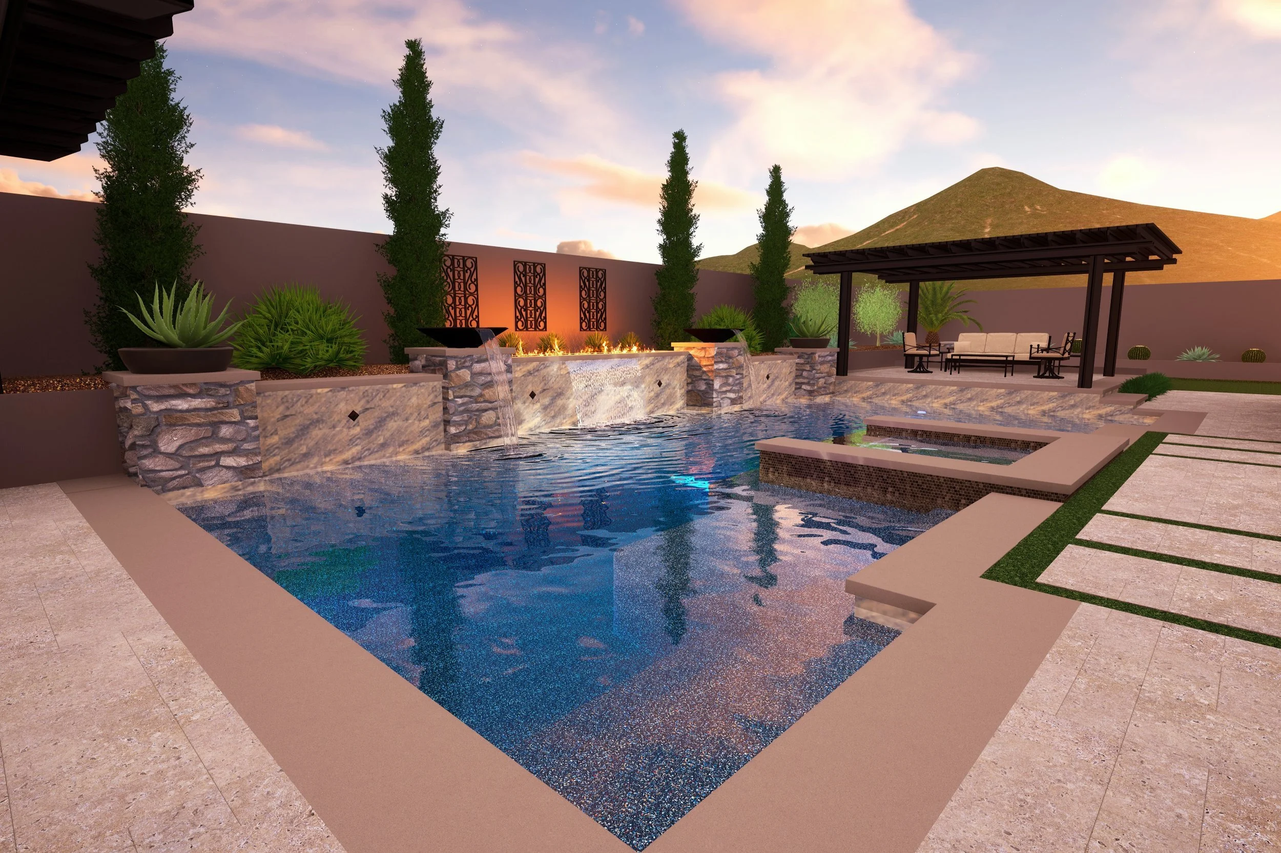 A backyard swimming pool with a stone waterfall feature, surrounded by desert plants, a covered seating area, and a mountain in the background during sunset.